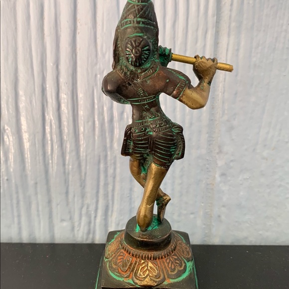 Krishna Standing Lotus Playing Flute Brass Statue - Picture 7 of 10